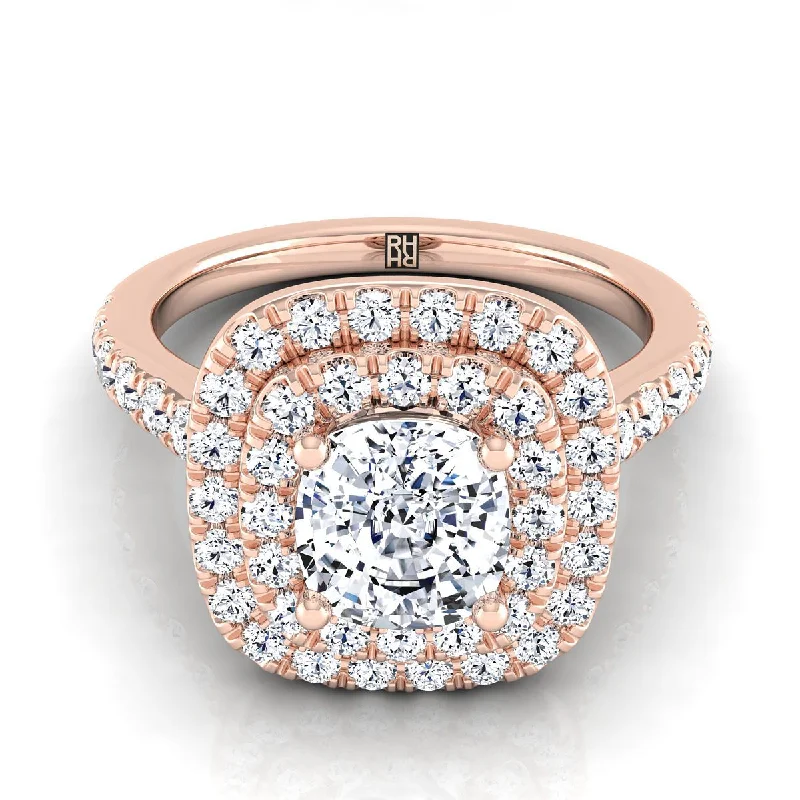 men’s rings with sapphire stones-14K Rose Gold Cushion Double Pave Halo with Linear Diamond Engagement Ring -3/4ctw