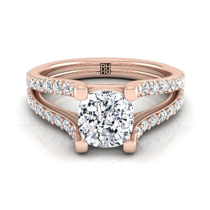 men’s diamond rings with custom engraving-14K Rose Gold Cushion Prong Set Sapphire Split Shank Engagement Ring