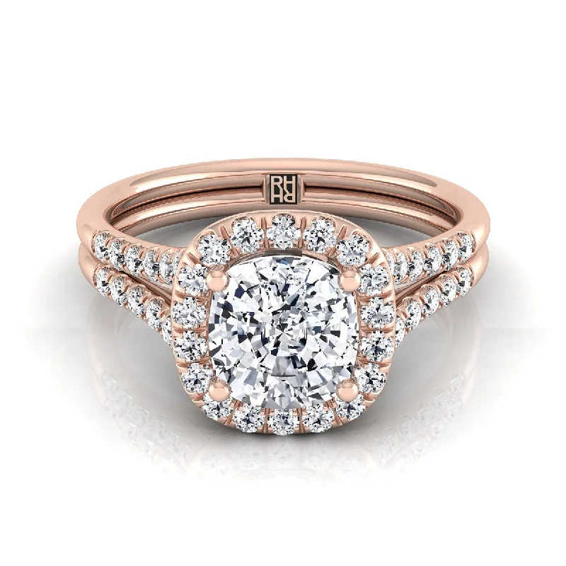 best engagement rings for women with rubies-14K Rose Gold Cushion French Pave Split Shank Halo Engagement Ring -3/8ctw