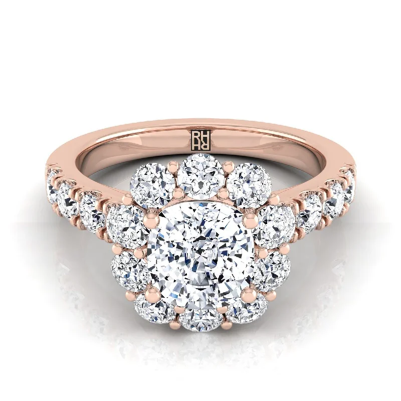 classic wedding rings with sapphire gemstones-14K Rose Gold Cushion Diamond Luxe Style French Pave Halo Engagement Ring -1-1/10ctw