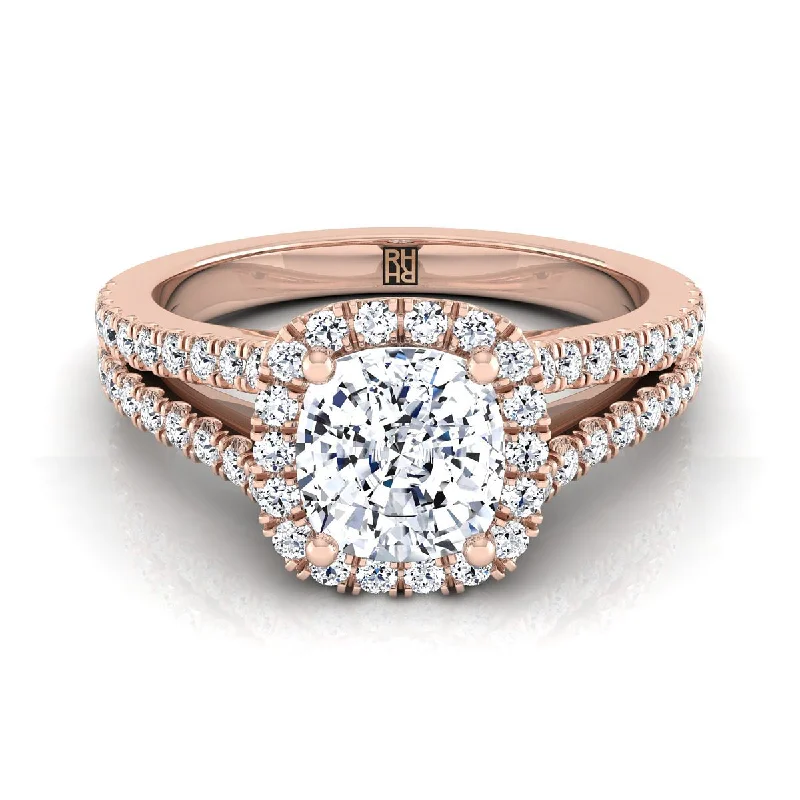 wedding bands for women with colorful gemstones-14K Rose Gold Cushion Diamond Halo Center with French Pave Split Shank Engagement Ring -3/8ctw