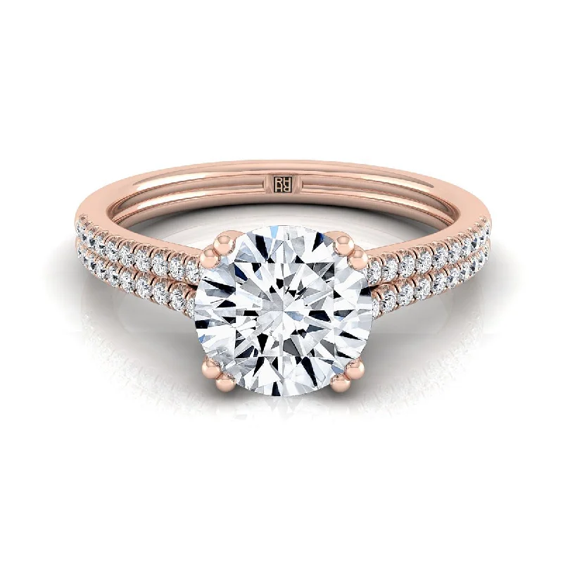 women’s rings with rubies for engagement-14K Rose Gold Round Brilliant Diamond Double Row Double Prong French Pave Engagement Ring -1/6ctw