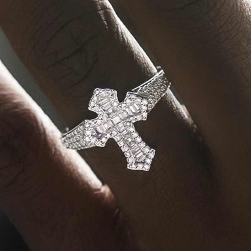 men’s custom rings with birthstones-Diamond Baguette Gothic Cross Ring in White Gold Vermeil