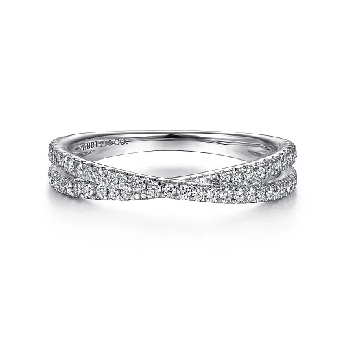 gold wedding rings for men with diamonds-Diamond Cross-Over Stackable Band in 14K White Gold