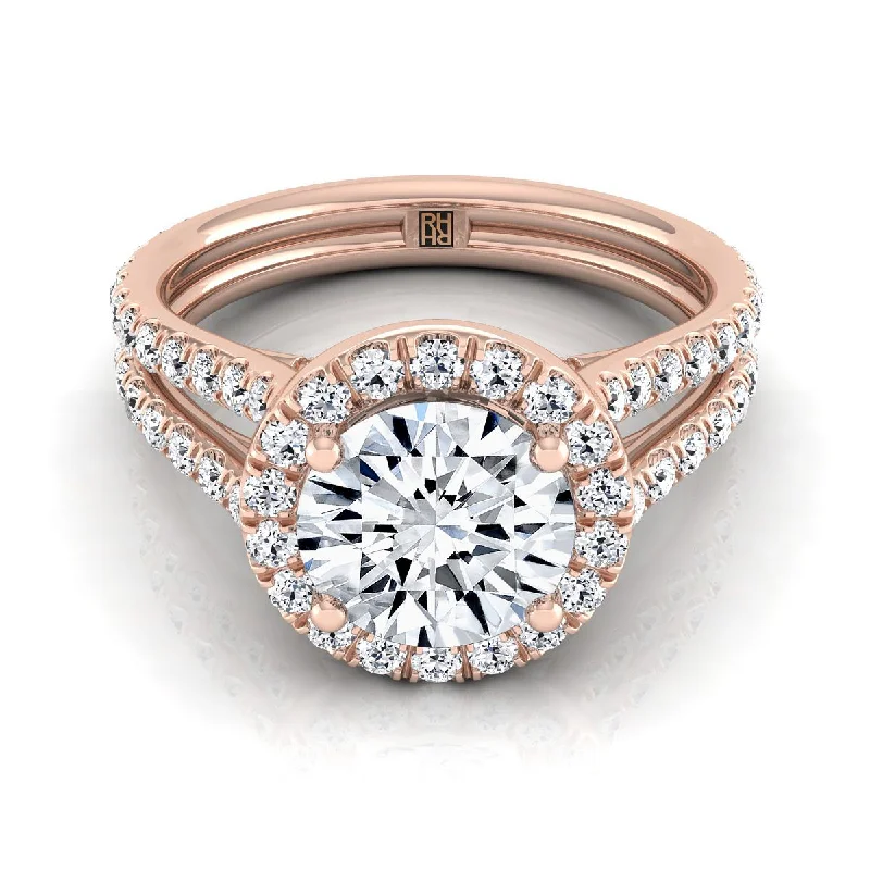 engagement rings with rubies and diamonds for women-14K Rose Gold Round Brilliant Diamond Halo Two Row Pavé Split Shank Engagement Ring -7/8ctw