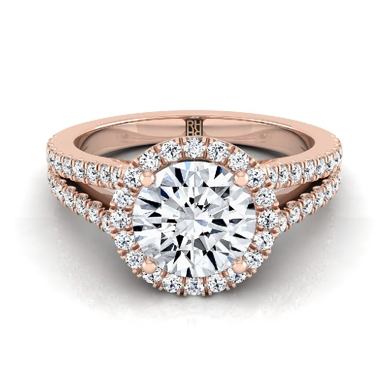 custom rings with diamonds and gemstones for men-14K Rose Gold Round Brilliant Diamond Halo Center with French Pave Split Shank Engagement Ring -3/8ctw