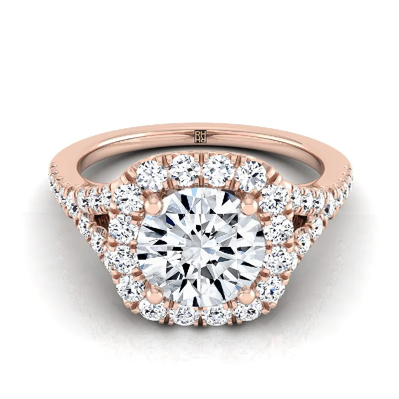 unique diamond rings for women-14K Rose Gold Round Brilliant Diamond Simple Prong Halo Split Shank Engagement Ring -1/2ctw