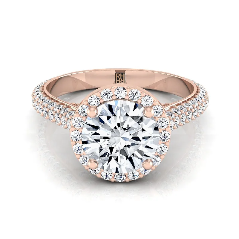 unique engagement rings for women with diamonds-14K Rose Gold Round Brilliant Diamond Micro-Pavé Halo Engagement Ring -7/8ctw