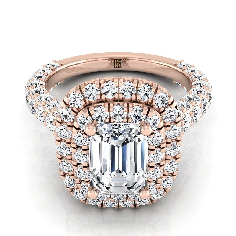 unique promise rings for men with diamonds-14K Rose Gold Emerald Cut Diamond Bold and Fancy Double Halo French Pave Engagement Ring -2ctw