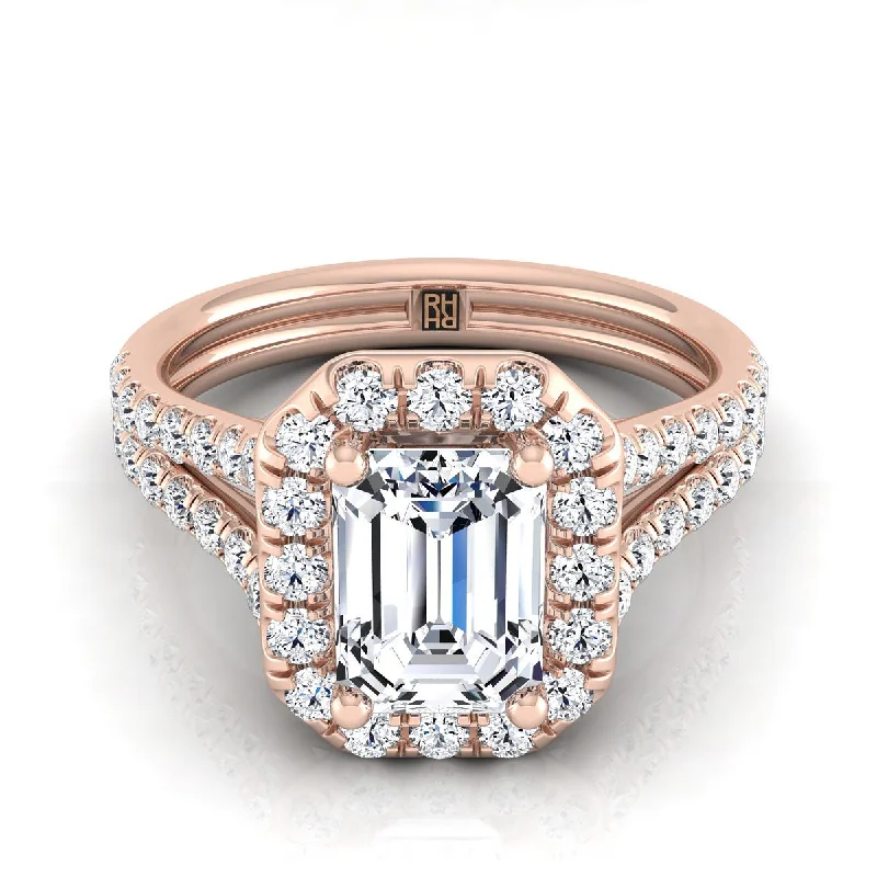 affordable custom engagement rings with sapphires-14K Rose Gold Emerald Cut Diamond French Pave Split Shank Halo Engagement Ring -5/8ctw