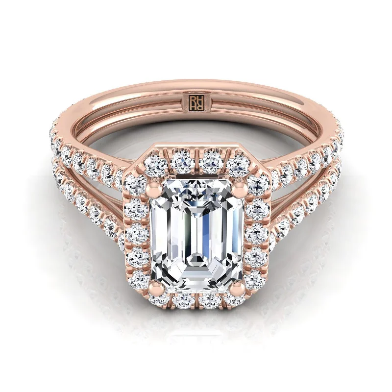 custom rings for engagement with sapphires-14K Rose Gold Emerald Cut Diamond Halo Two Row Pavé Split Shank Engagement Ring -7/8ctw