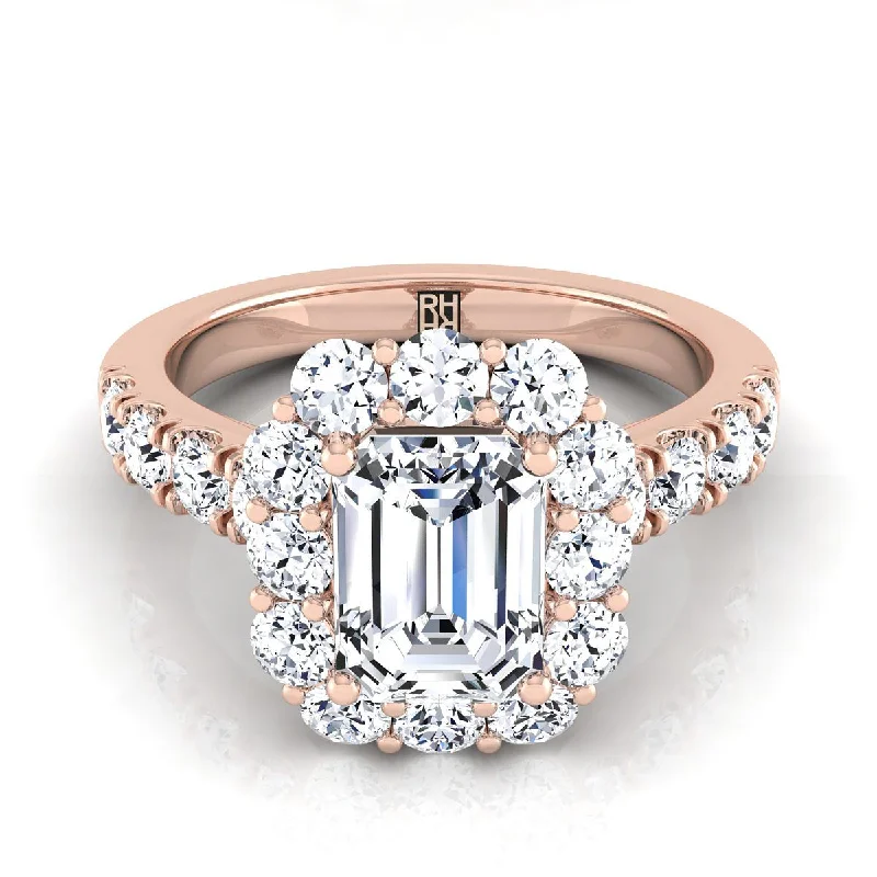 men’s rings with diamonds and sapphires-14K Rose Gold Emerald Cut Diamond Luxe Style French Pave Halo Engagement Ring -1-1/10ctw