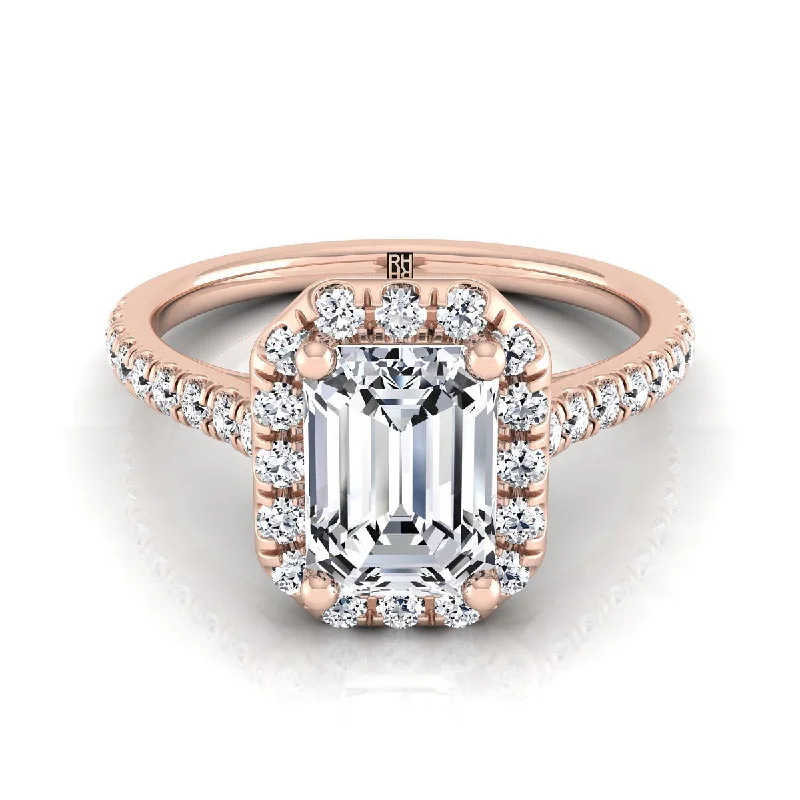 wedding rings with personalized engravings for women-14K Rose Gold Emerald Cut Classic French Pave Halo and Linear Engagement Ring -3/8ctw