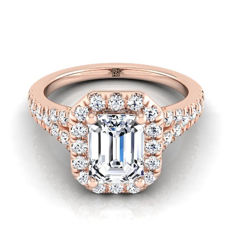 wedding rings with sapphires and diamonds for men-14K Rose Gold Emerald Cut Diamond Simple Prong Halo with Petite Split Shank Pave Engagement Ring -1/2ctw