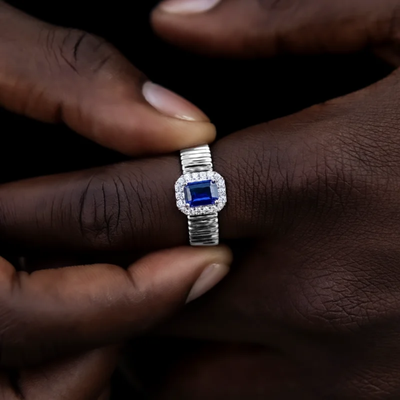 men’s wedding rings with silver and sapphires-Diamond Emerald Cut Sapphire Textured Ring in White Gold Vermeil