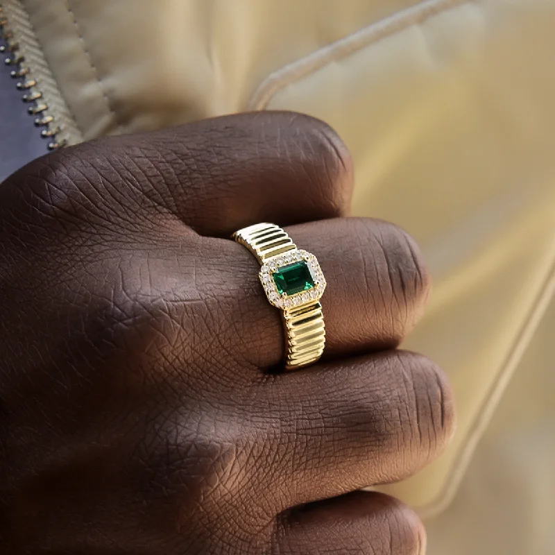 custom rings for men with engraving and gemstones-Emerald Textured Ring in Yellow Gold Vermeil