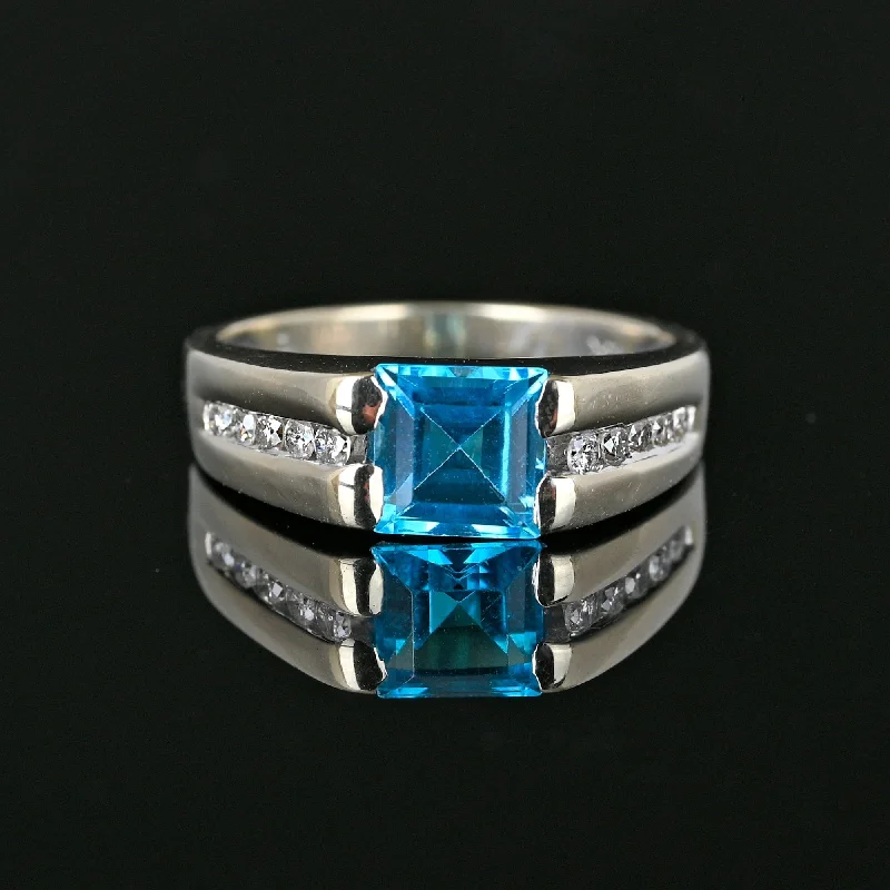 affordable wedding rings with sapphires-ON HOLD Estate Diamond Blue Topaz Ring in 14K White Gold