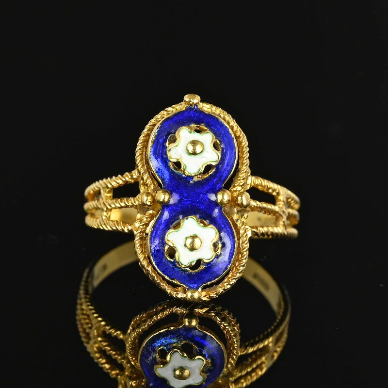 men’s custom rings with birthstones-Fine 18K Gold Blue Guilloche Enamel Floral Ring