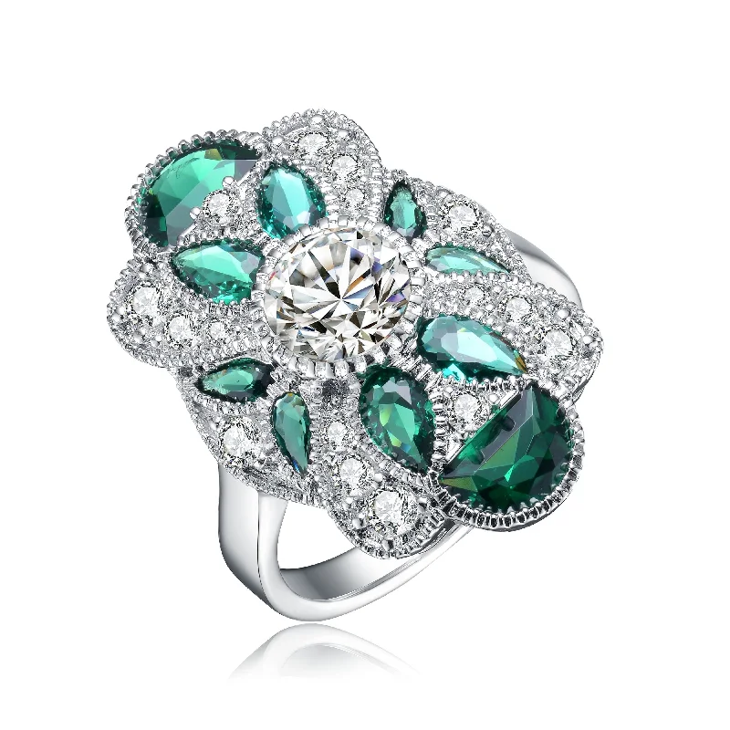 classic engagement rings with emeralds for men-GENEVIVE Sterling Silver Emerald Cubic Zirconia Floral Cocktail Ring