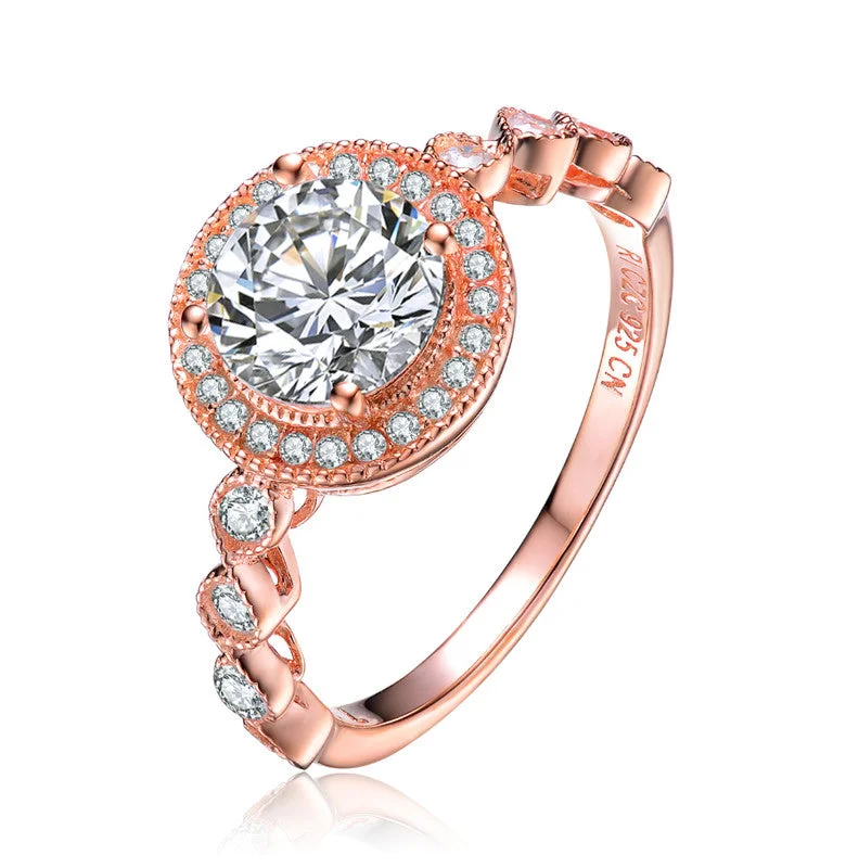 unique wedding rings for men with gemstones-GENEVIVE Sterling Silver Rose Gold Plated Cubic Zirconia Pave Solitaire Ring