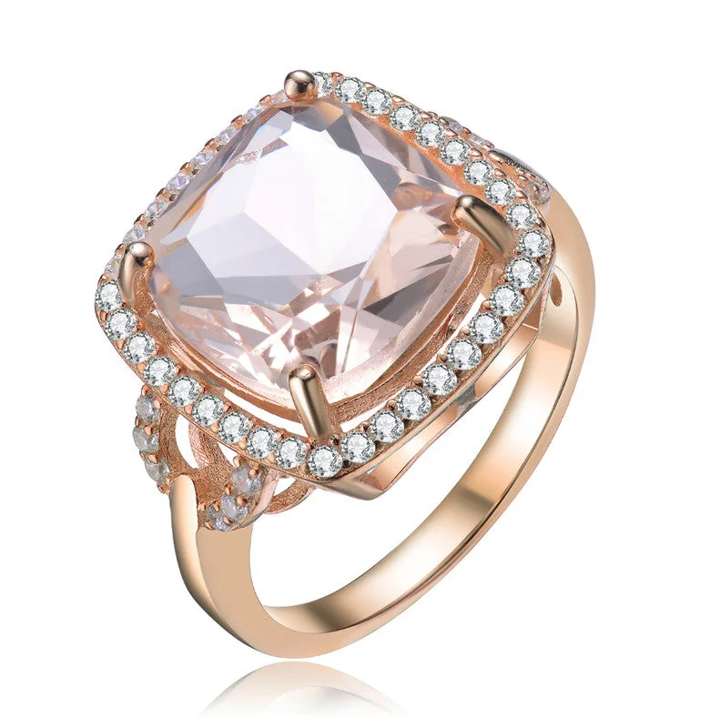 women’s custom rings for engagement with diamonds-GENEVIVE Sterling Silver Rose Gold Plated Morganite Cubic Zirconia Coctail Ring