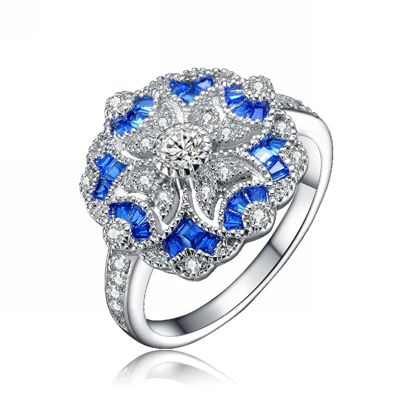 engagement rings for women with opal stones-GENEVIVE Sterling Silver Sapphire Cubic Zirconia Floral Cocktail Ring