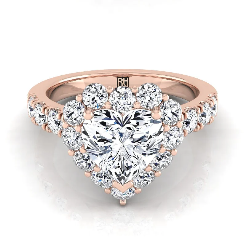 affordable diamond engagement rings for men-14K Rose Gold Heart Shape Center Diamond Luxe Style French Pave Halo Engagement Ring -1-1/10ctw