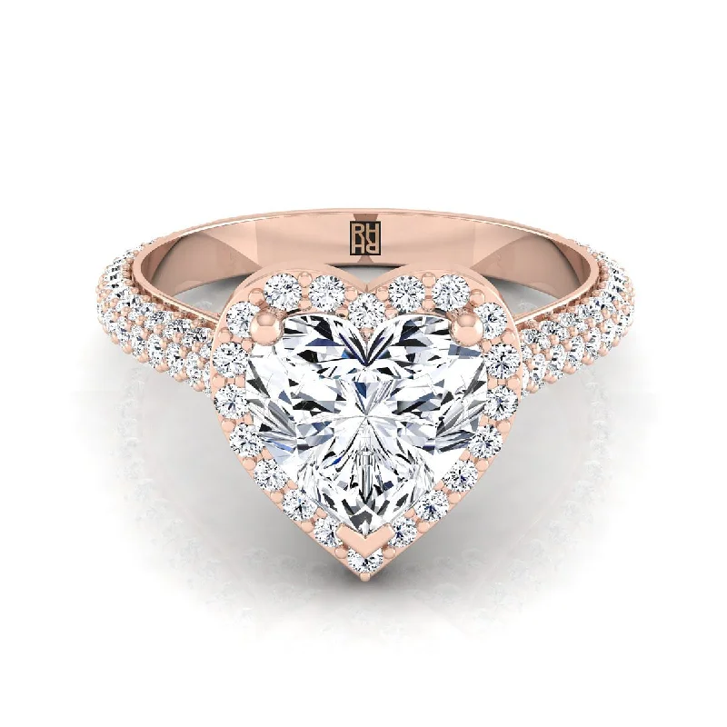 silver rings for engagement with diamonds-14K Rose Gold Heart Shape Center Diamond Micro-Pavé Halo Engagement Ring -7/8ctw