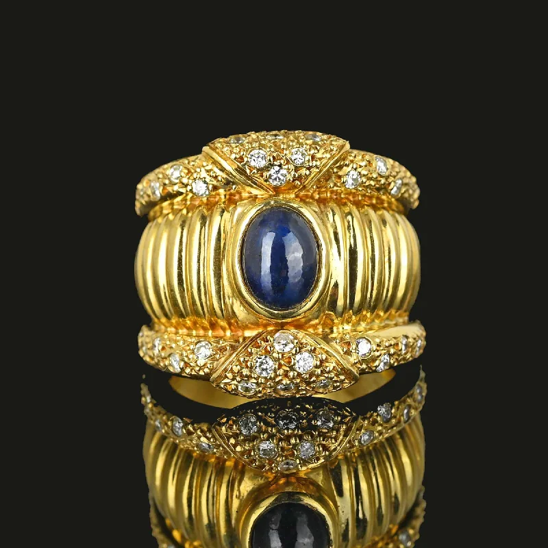 classic wedding rings with sapphire gemstones-Impressive Wide 18K Gold Diamond Sapphire Ring Band