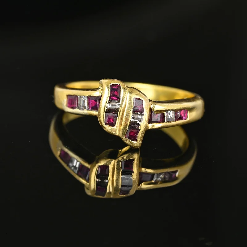 wedding rings with sapphires and diamonds for men-Love Knot 18K Gold Ruby Baguette Diamond Ring Band