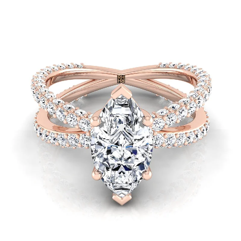 trendy rings with diamonds for women-14K Rose Gold Marquise  Open Diamond Pave Criss Cross Engagement Ring -1-1/3ctw