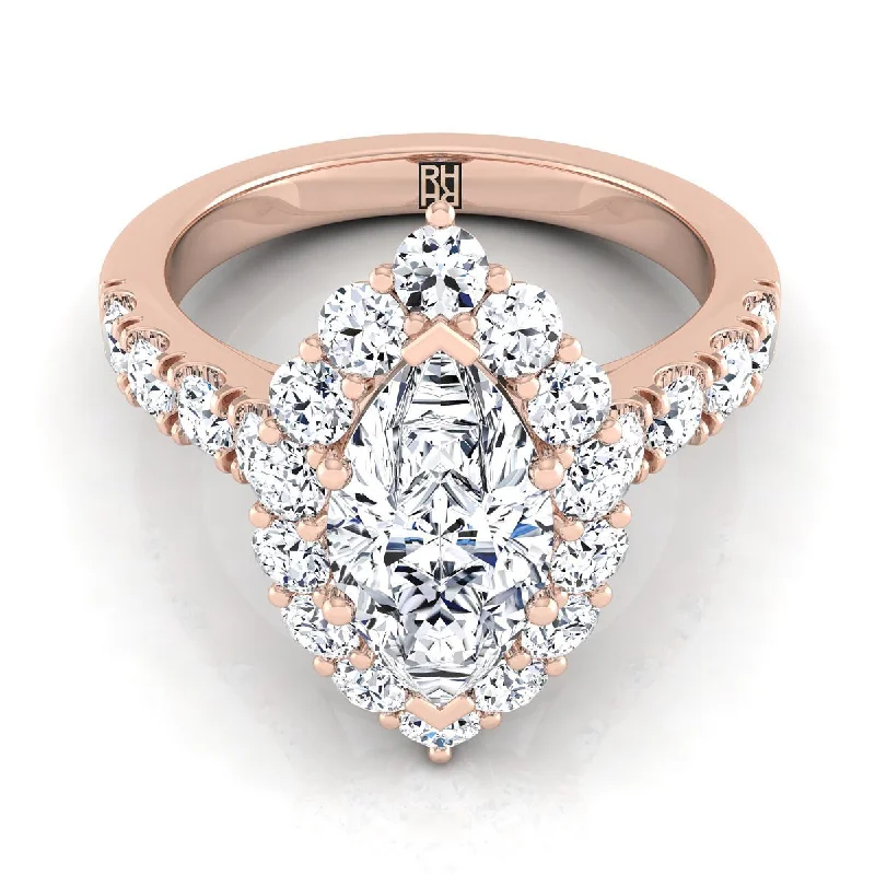 unique engagement rings for men with gold bands-14K Rose Gold Marquise  Diamond Luxe Style French Pave Halo Engagement Ring -1-1/10ctw