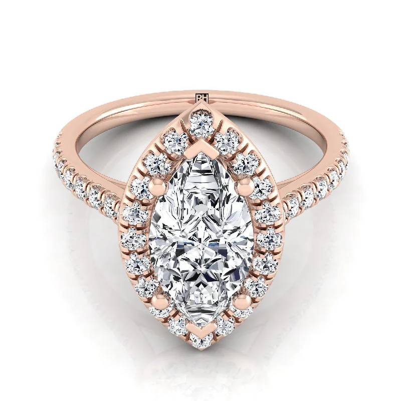 gold rings for engagement with diamonds-14K Rose Gold Marquise  Classic French Pave Halo and Linear Engagement Ring -1/2ctw