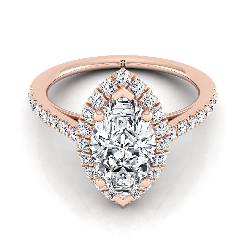 men’s promise rings with colored gemstones-14K Rose Gold Marquise  Diamond Petite Halo French Pave Engagement Ring -3/8ctw