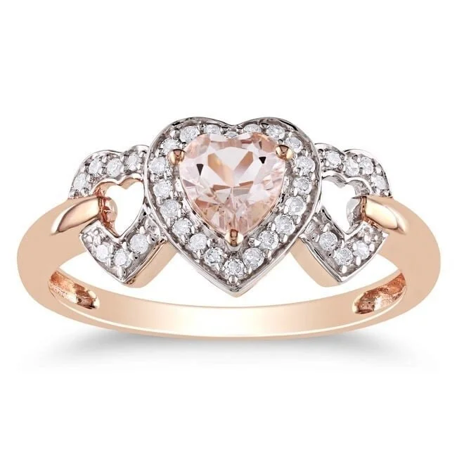 classic rings with diamonds for engagement-Miadora 10k Pink Gold Morganite and 1/8ct TDW Diamond Heart Ring (G-H, I2-I3)