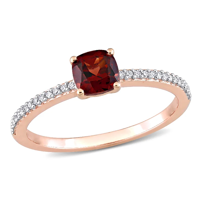 designer wedding rings for men with diamonds-Miadora 10k Rose Gold Cushion-cut Garnet and 1/10ct TDW Diamond Birthstone Ring