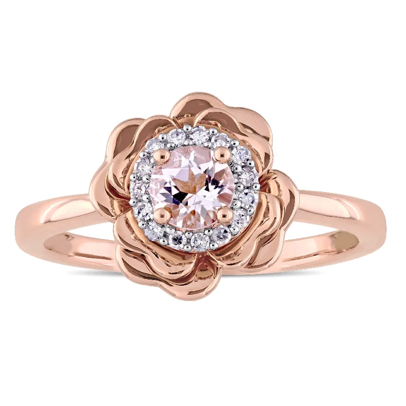 luxury wedding bands for men with sapphires-Miadora 10k Rose Gold Morganite and 1/10ct TDW Diamond Halo Flower Ring (G-H, I2-I3)