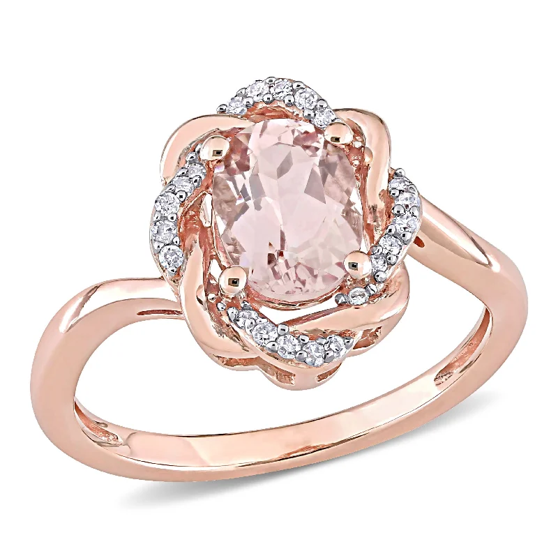 wedding rings with diamonds and sapphires for men-Miadora 10k Rose Gold Oval-cut Morganite & 1/10ct TDW Diamond Swirl Halo Ring