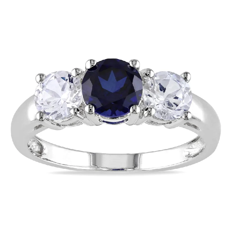 vintage engagement rings with rubies for women-Miadora 10k White Gold Created Blue and White Sapphire 3-stone Ring