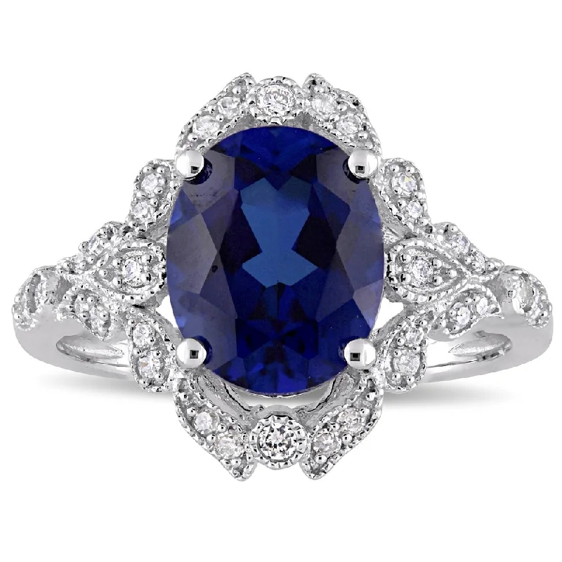 affordable gold rings with sapphires-Miadora 10k White Gold Created Blue Sapphire and 1/5ct TDW Diamond Vintage Halo Cocktail Ring