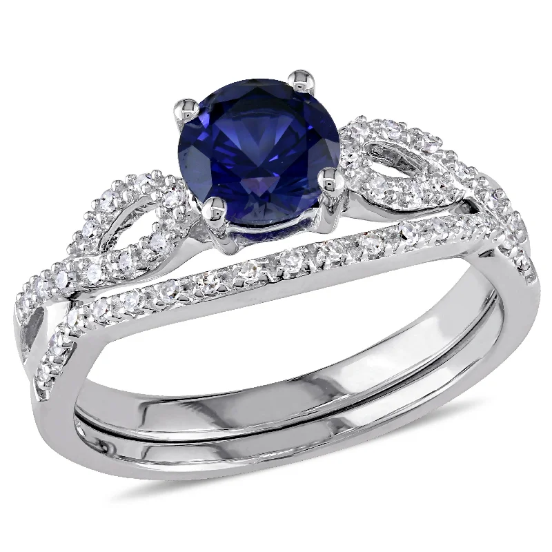 custom rings for engagement with sapphires-Miadora 10k White Gold Created Blue Sapphire and 1/6ct TDW Diamond Bridal Ring Set