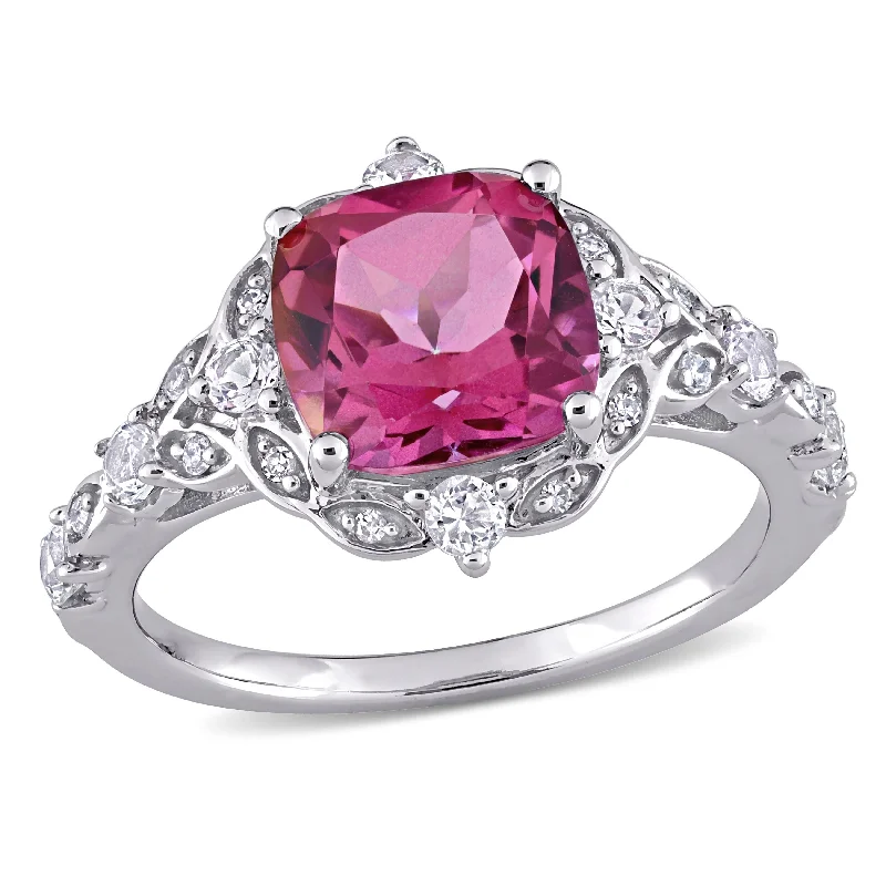 men’s rings with sapphire stones-Miadora 10k White Gold Cushion-cut Pink Topaz White Sapphire and Diamond Accent Vintage Ring