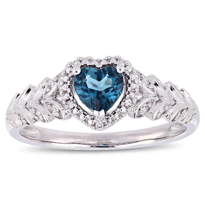 unique silver wedding rings with diamonds-Miadora 10k White Gold London-Blue Topaz and Diamond Heart Halo Ring