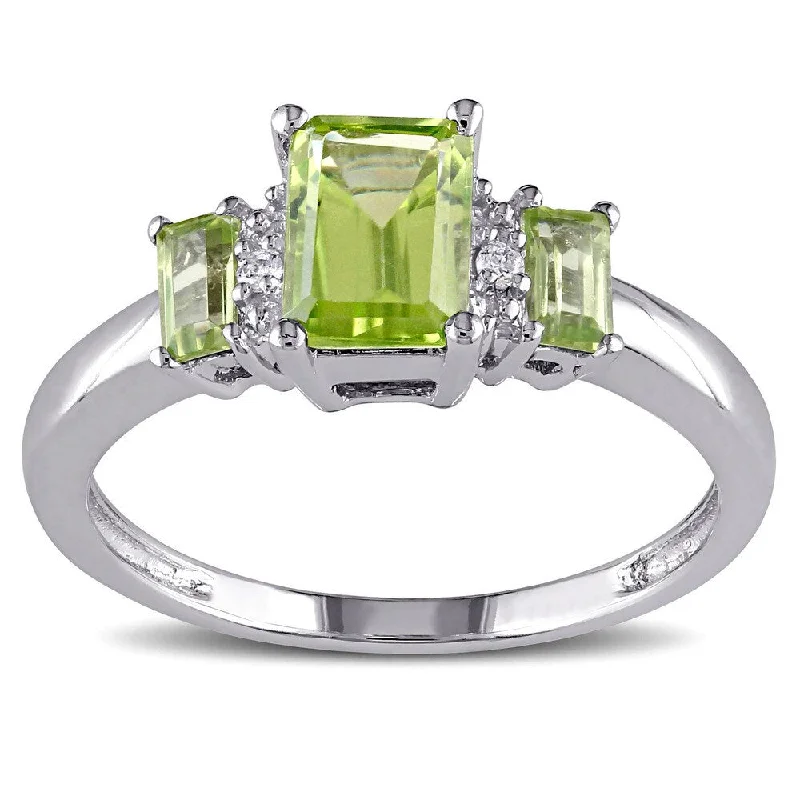 platinum wedding bands for men with diamonds-Miadora 10k White Gold Peridot and Diamond Accent Three Stone Ring