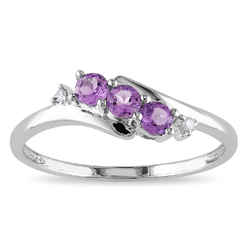 affordable custom rings for women-Miadora 10k White Gold Purple Amethyst and Diamond 3-Stone Crossover Ring