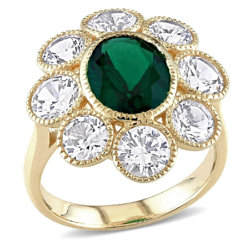 men’s custom rings with birthstones-Miadora 10k Yellow Gold Created Emerald and White Sapphire Flower Cocktail Ring