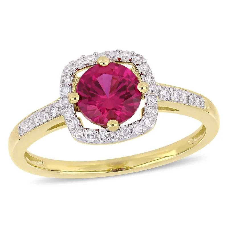 men’s rings with diamonds and rubies-Miadora 10k Yellow Gold Created Ruby and 1/7ct TDW Diamond Floating Square Halo Ring