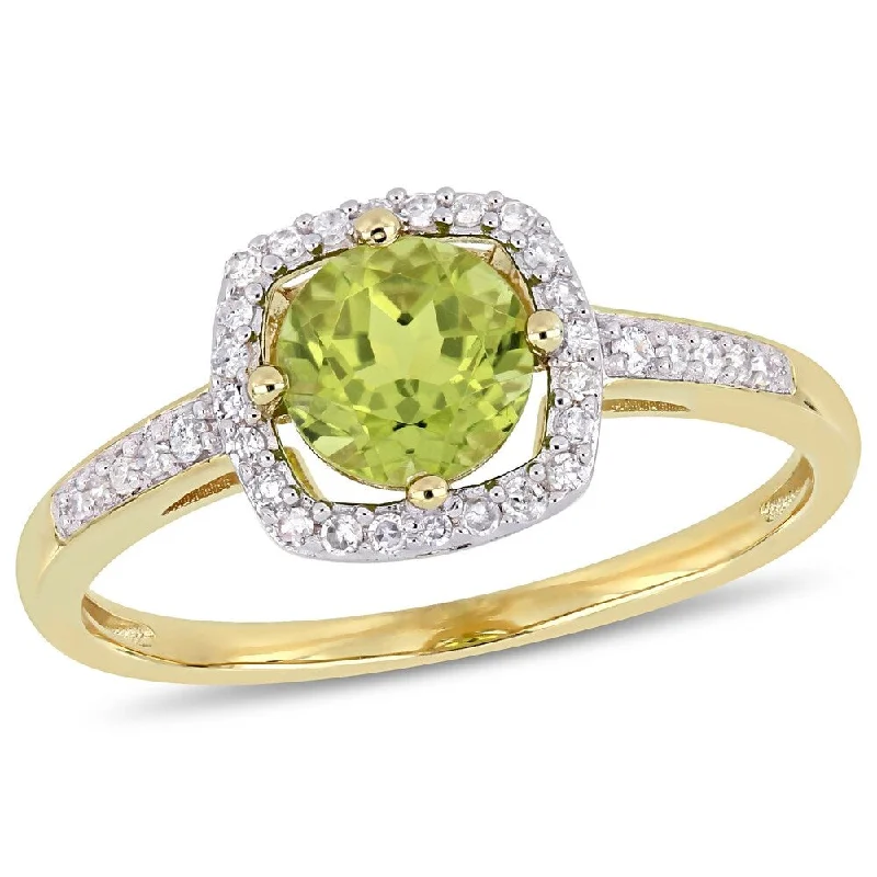 custom rings for couples with diamonds-Miadora 10k Yellow Gold Peridot and 1/7ct TDW Diamond Floating Square Halo Ring