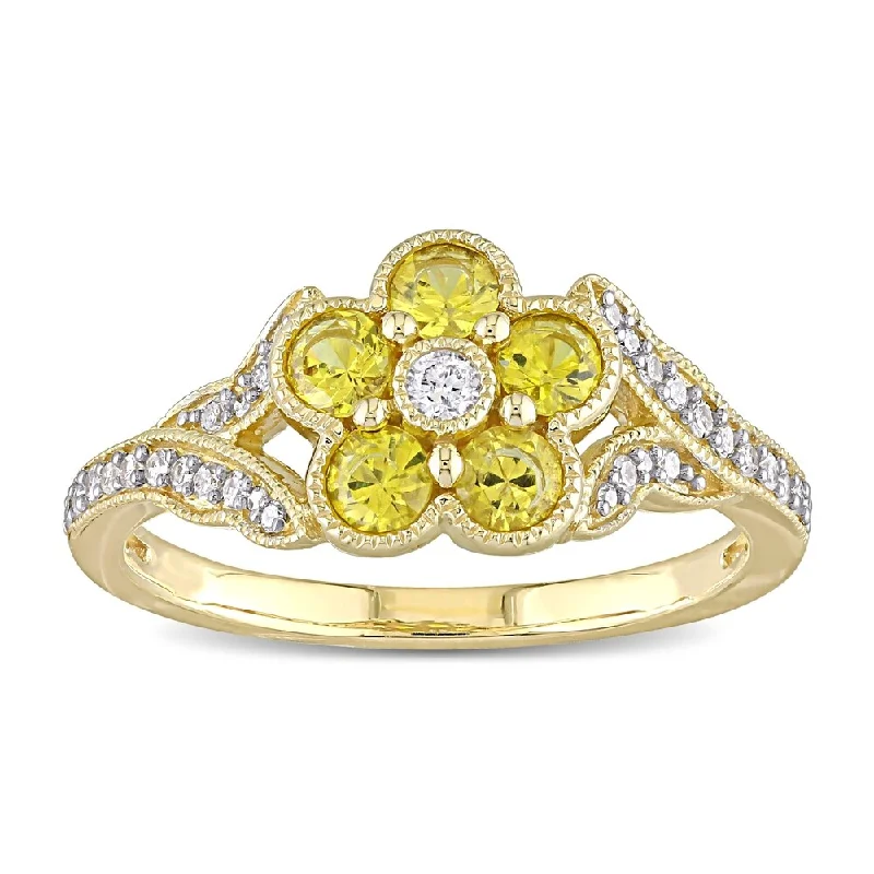 engagement rings with white sapphires-Miadora 10k Yellow Gold Yellow Sapphire and 1/6ct TDW Diamond Split Shank Flower Ring