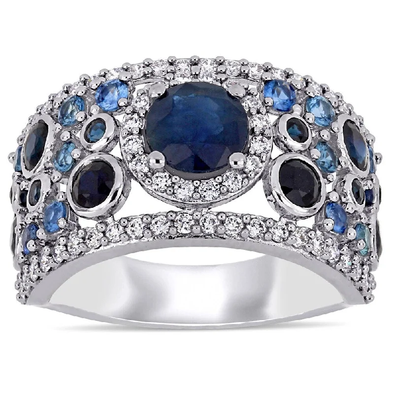 gold wedding rings for men with diamonds-Miadora 14k White Gold Blue Sapphire and 1/2ct TDW Diamond Cluster Anniversary Band